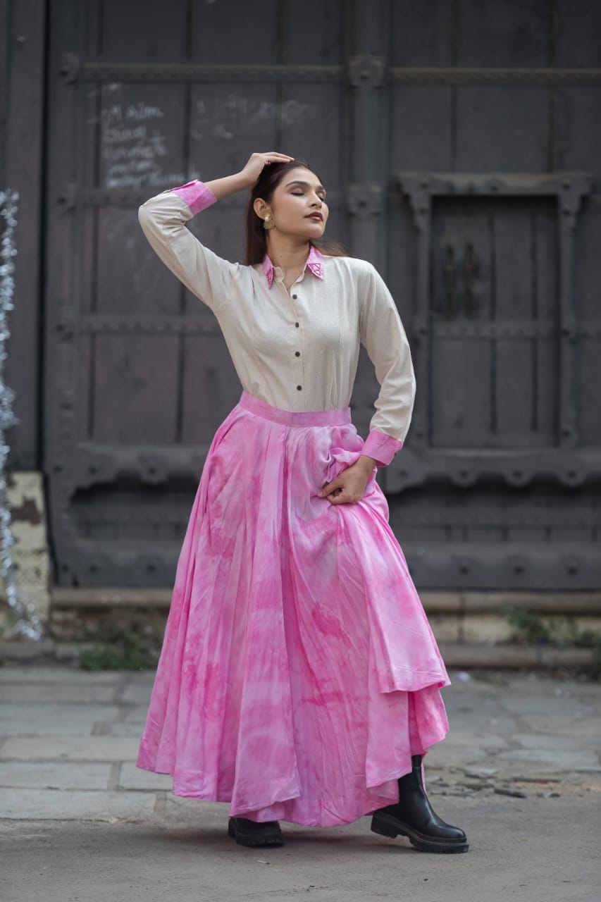 Ivory Contrast Collar Shirt with Pink Flared Maxi Skirt