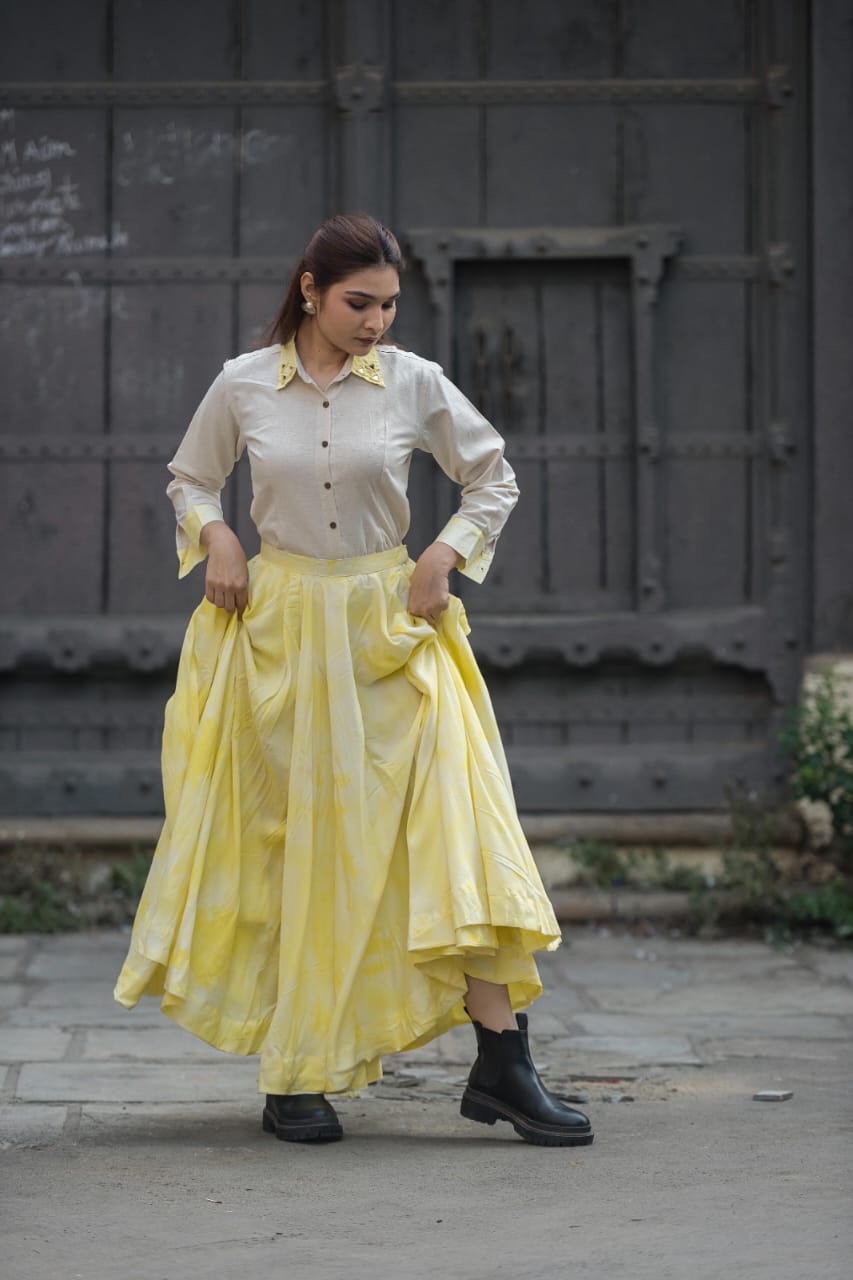 Ivory Button-Down Shirt with Yellow Flared Skirt Co-ord Set