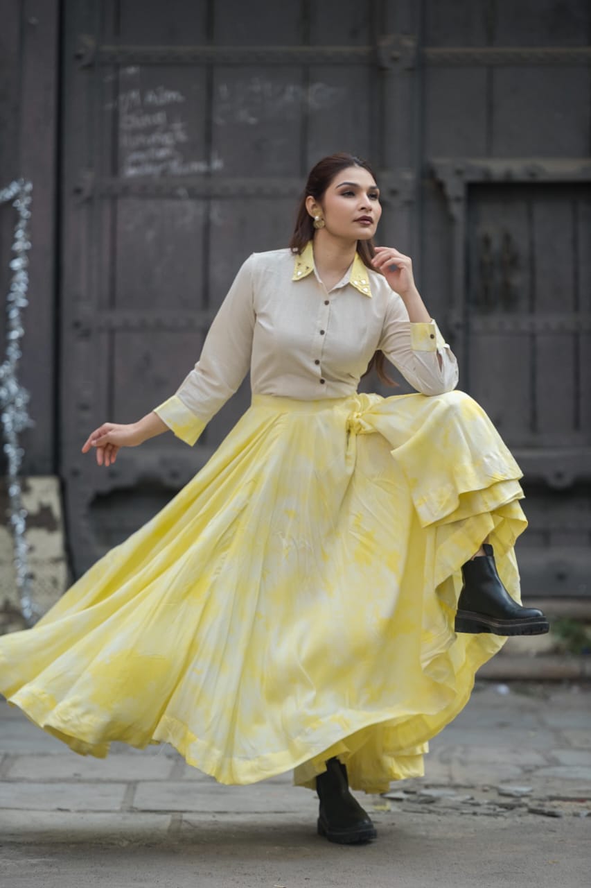 Ivory Button-Down Shirt with Yellow Flared Skirt Co-ord Set