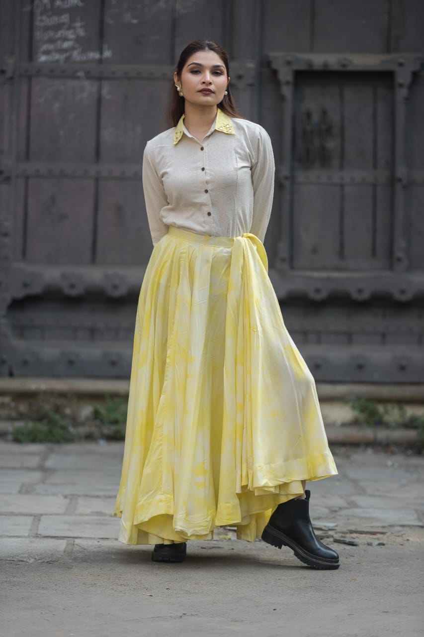 Ivory Button-Down Shirt with Yellow Flared Skirt Co-ord Set