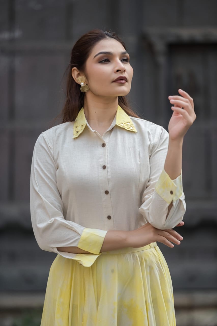 Ivory Button-Down Shirt with Yellow Flared Skirt Co-ord Set