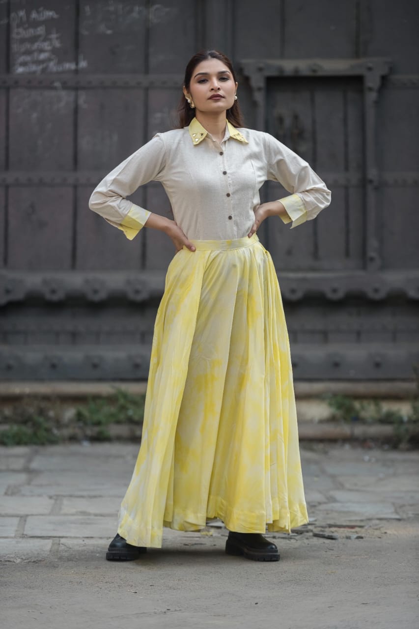 Ivory Button-Down Shirt with Yellow Flared Skirt Co-ord Set