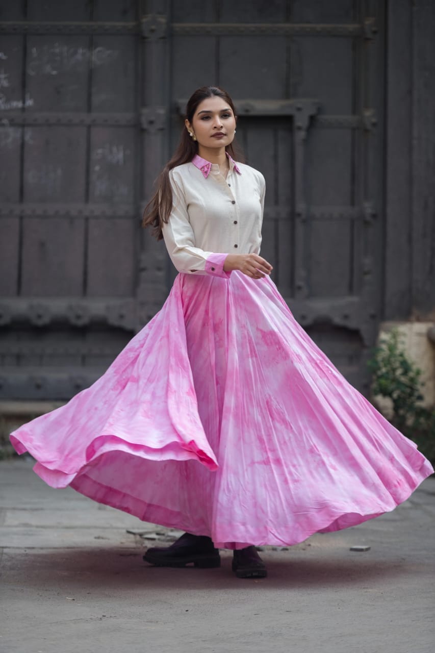 Ivory Contrast Collar Shirt with Pink Flared Maxi Skirt