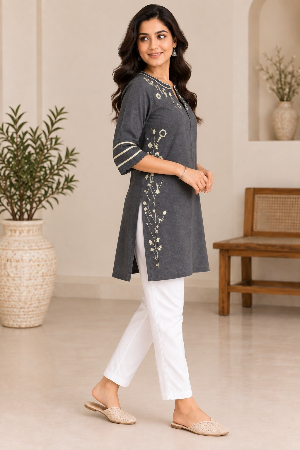 Slate Grey Embroidered Three-Quarter Sleeve Long Tunic