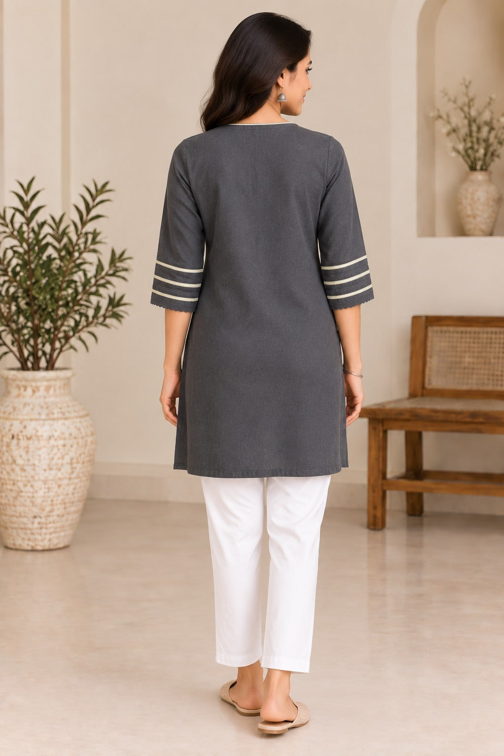 Slate Grey Embroidered Three-Quarter Sleeve Long Tunic