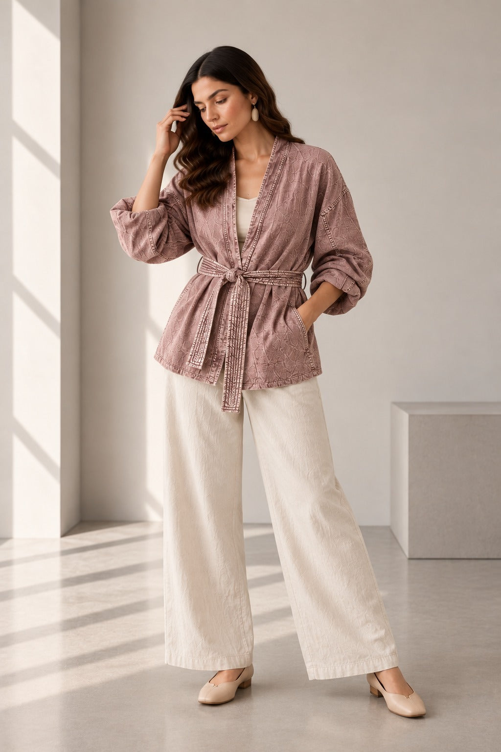 Dusty Rose Textured Belted Kimono Jacket
