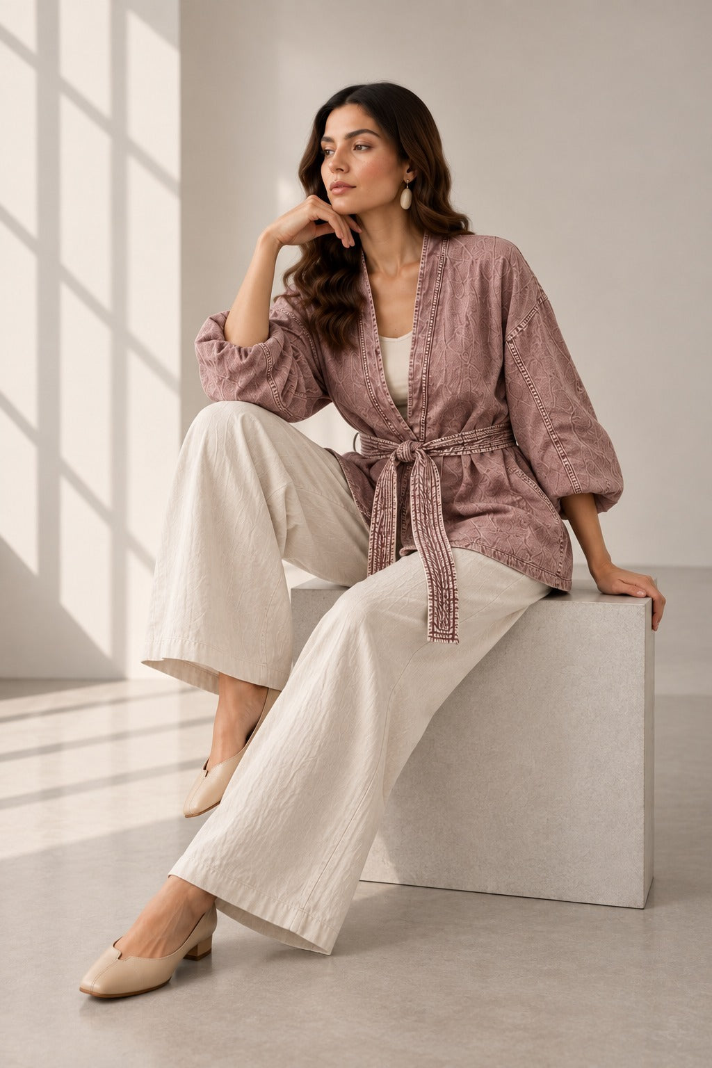 Dusty Rose Textured Belted Kimono Jacket