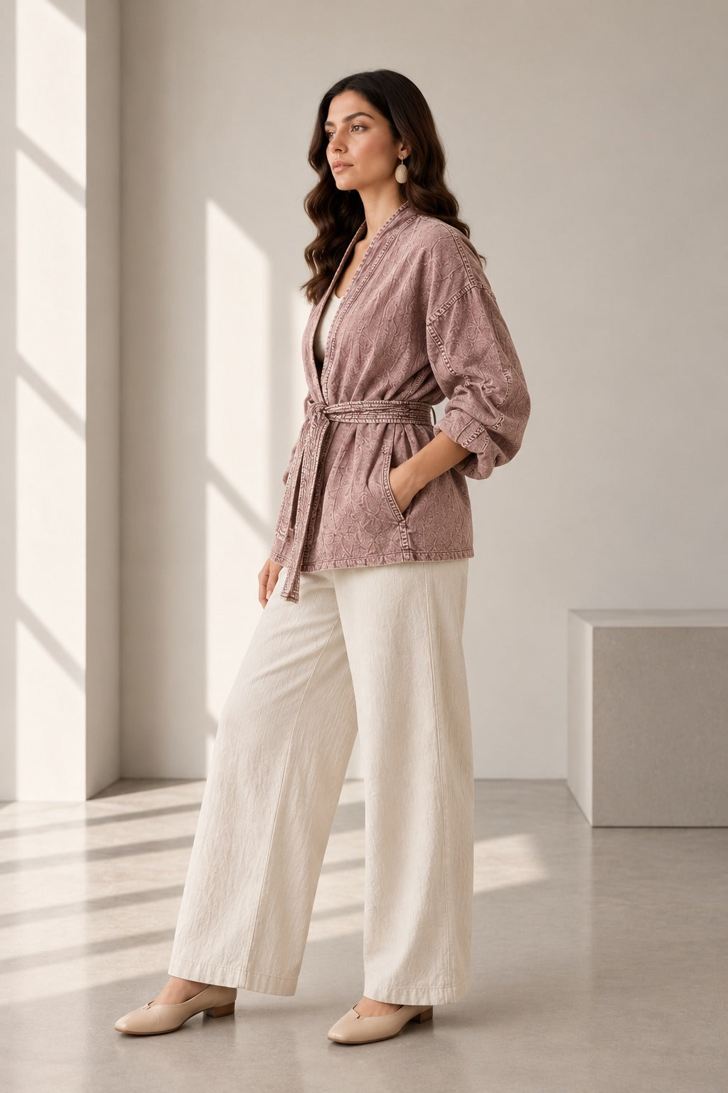 Dusty Rose Textured Belted Kimono Jacket