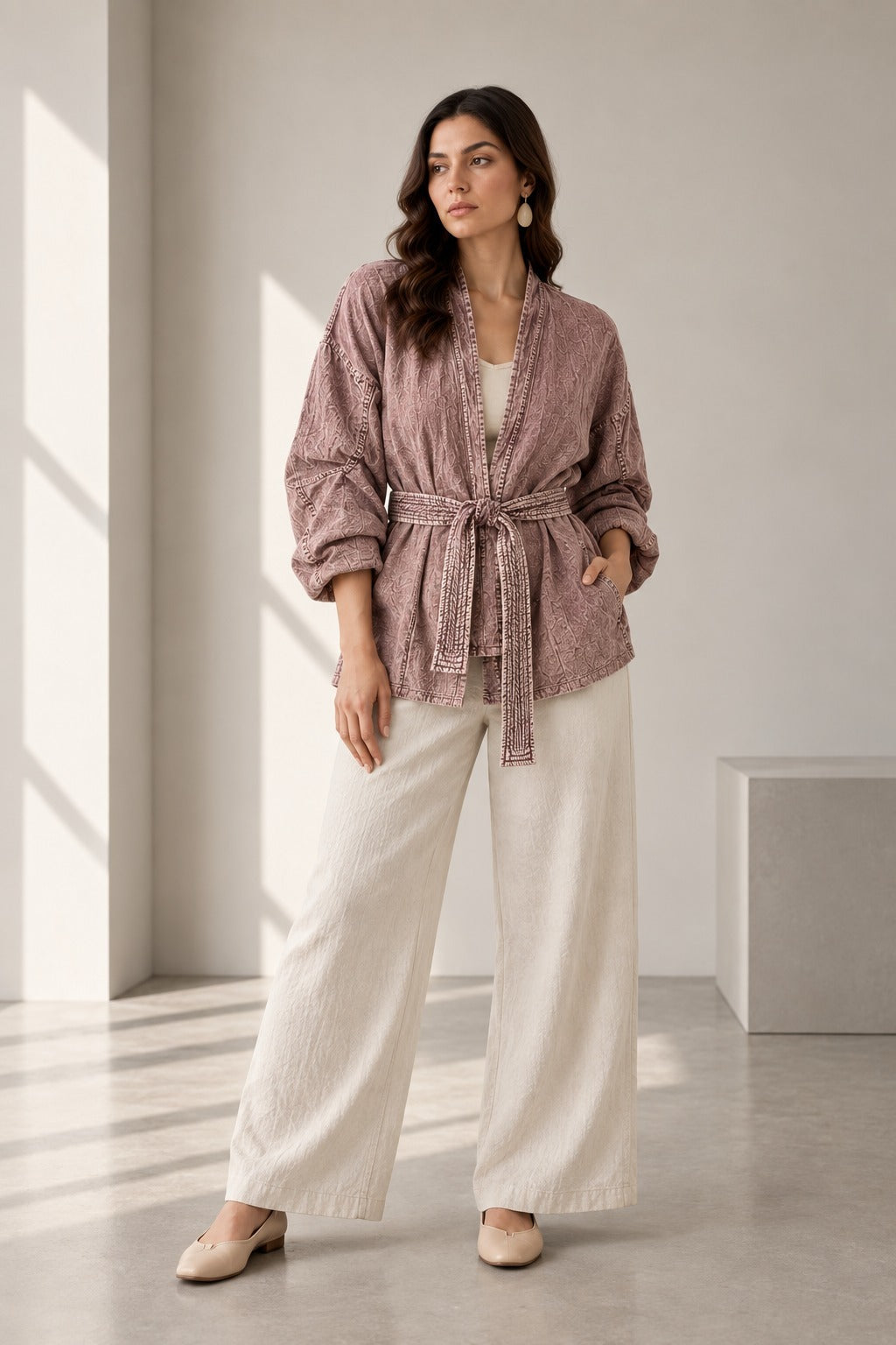 Dusty Rose Textured Belted Kimono Jacket