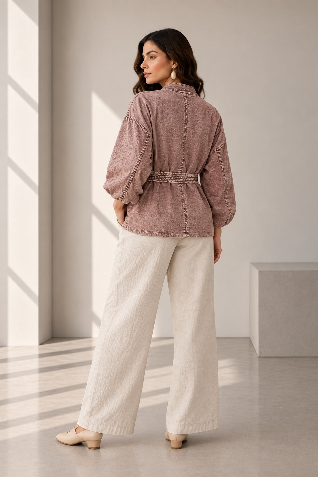 Dusty Rose Textured Belted Kimono Jacket
