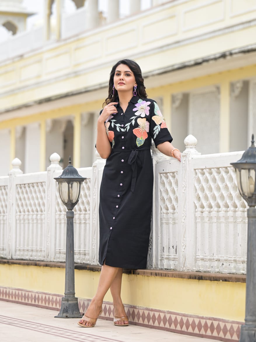 Designer Embroidery Work Black Midi Dress