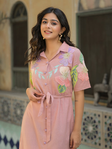 Elegant Light Pink Cotton Embroidered Dress