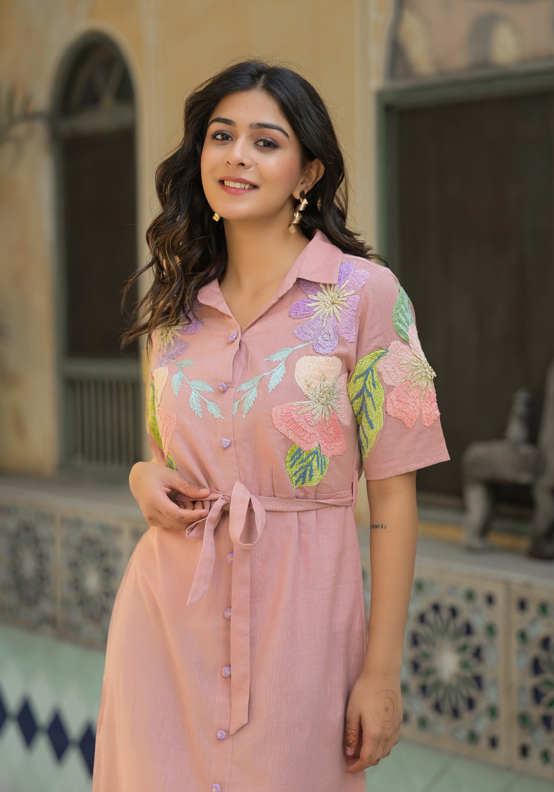 Elegant Light Pink Cotton Embroidered Dress