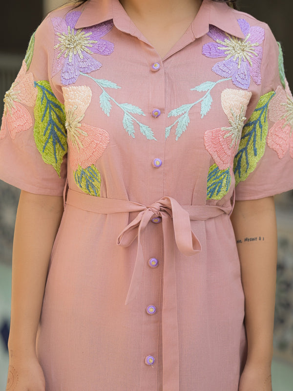 Elegant Light Pink Cotton Embroidered Dress
