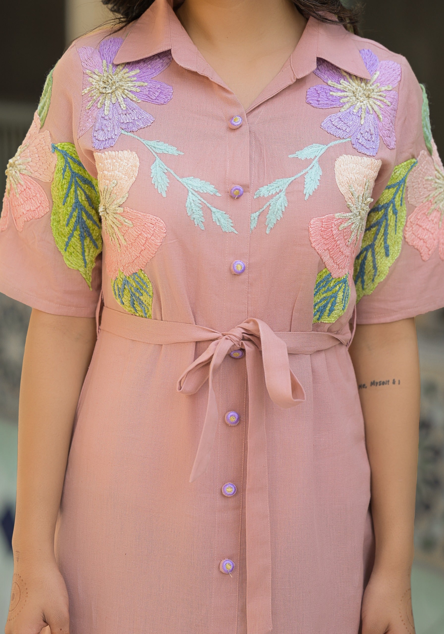Elegant Light Pink Cotton Embroidered Dress