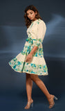 Cream Green Printed Flared Cotton Mini Dress