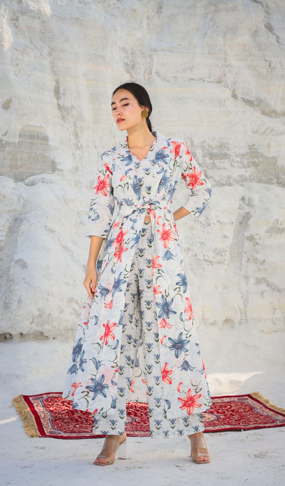 White Long Jacket Pattern Co-ord Set