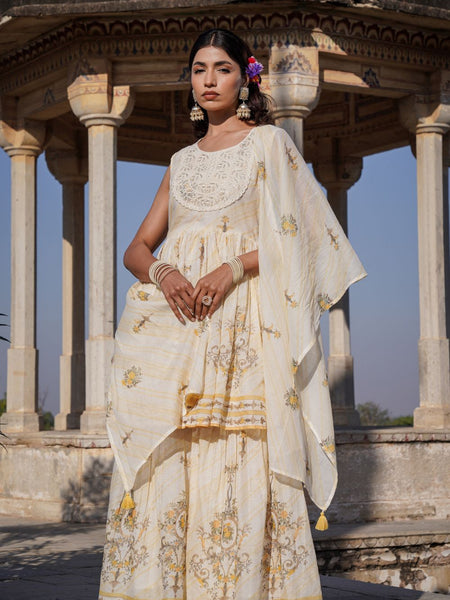 Off-White Yellow Printed Flared Sharara Set