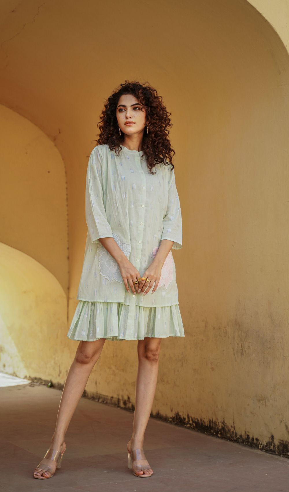 Mint Green Collar Pattern Mini Dress