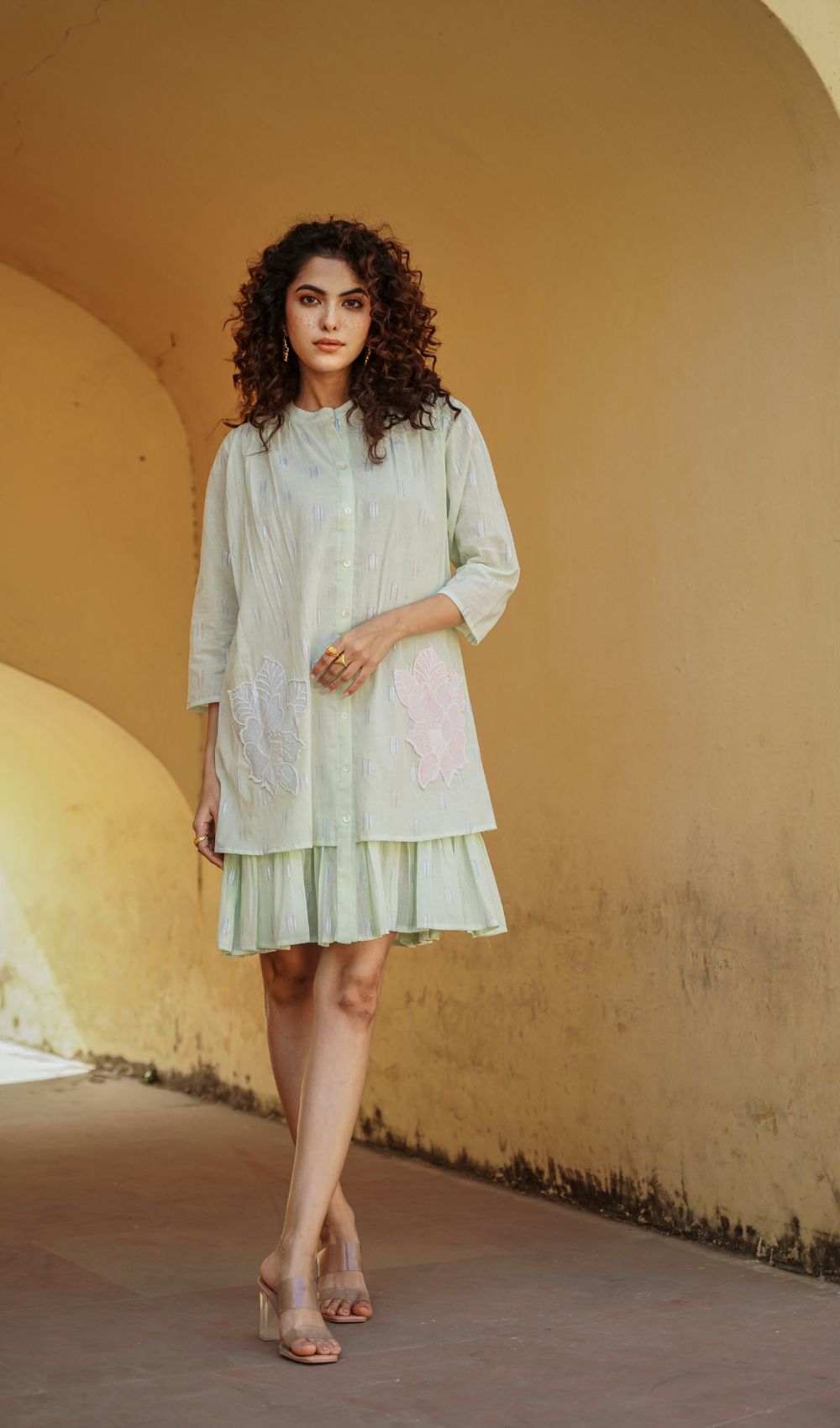 Mint Green Collar Pattern Mini Dress