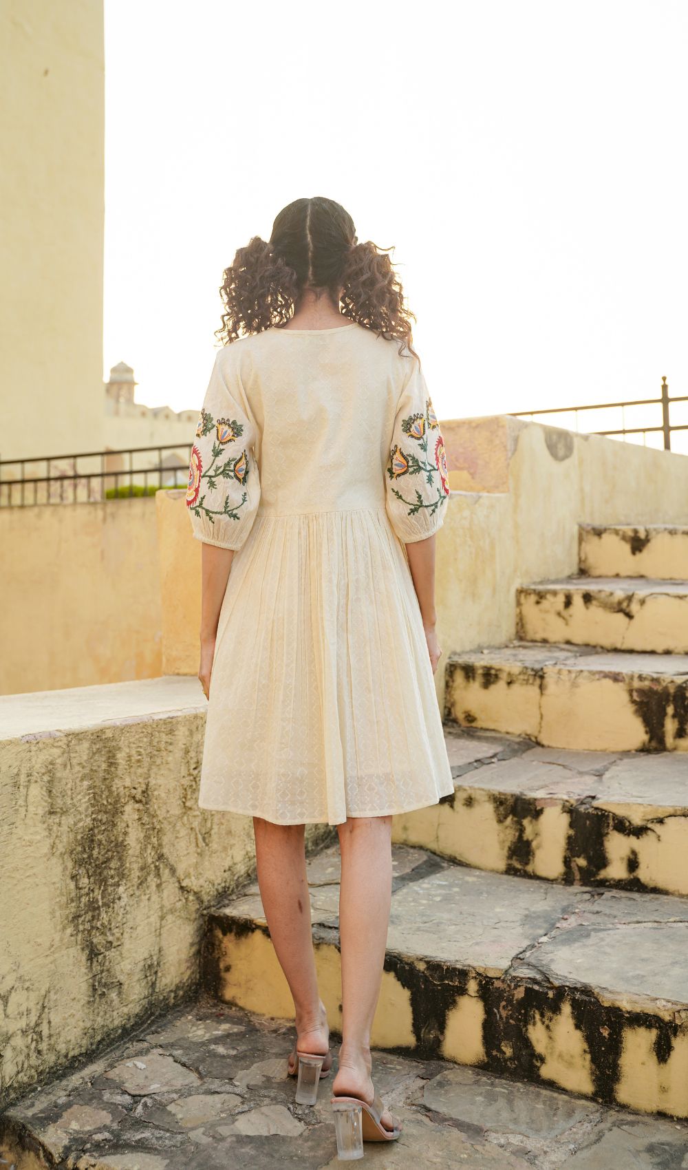 Beige Emboirdered Mini Dress