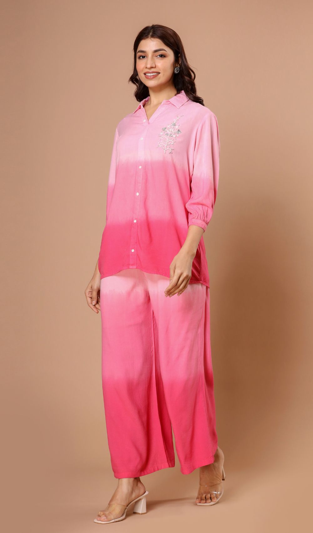 Pink Tie And Dye Embroidered Co-ords Sets