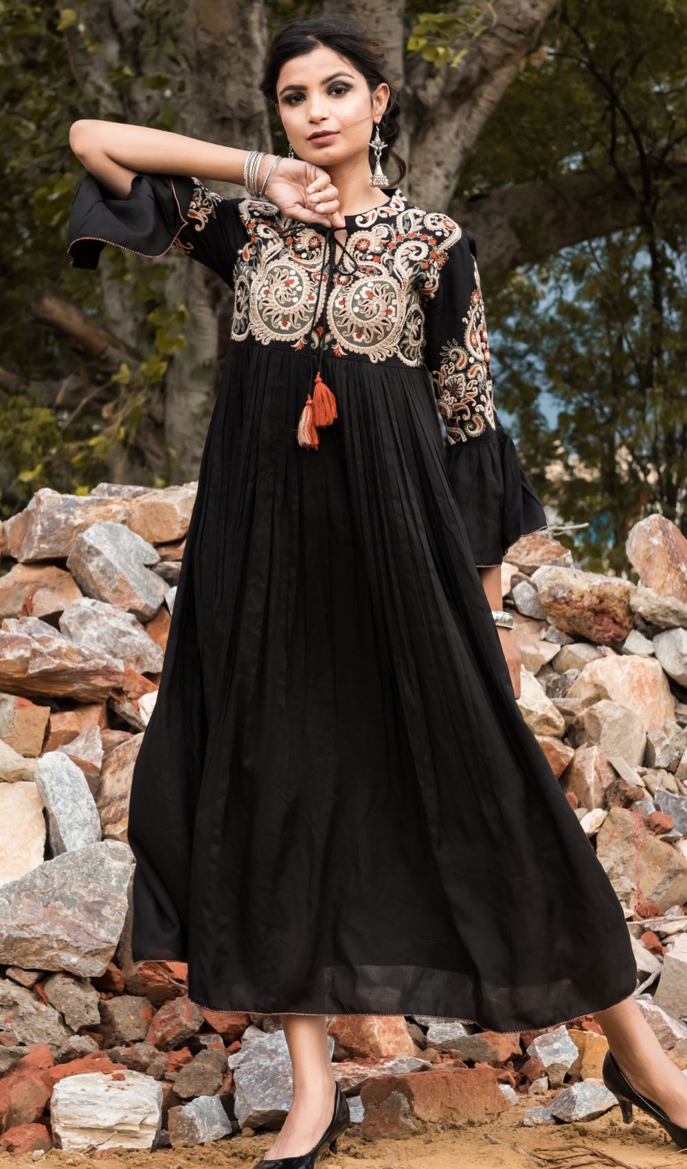 Cotton Black Embroidered Maxi Dress
