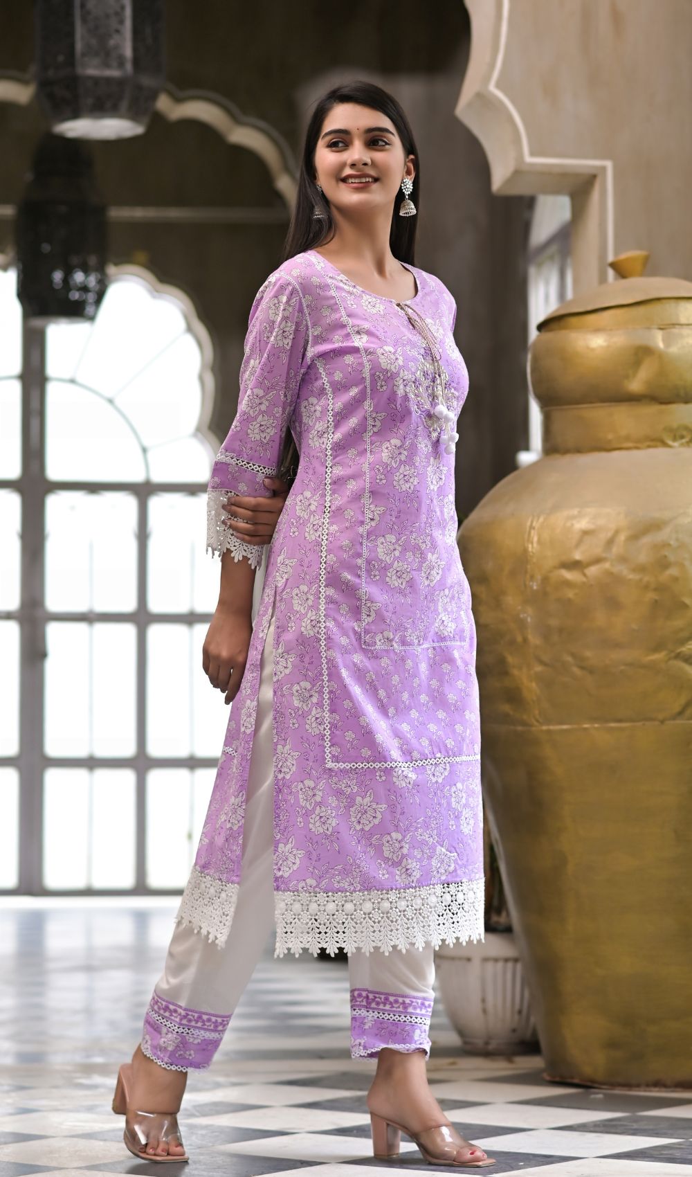 Lilac Printed  Crochet Straight Suit Set