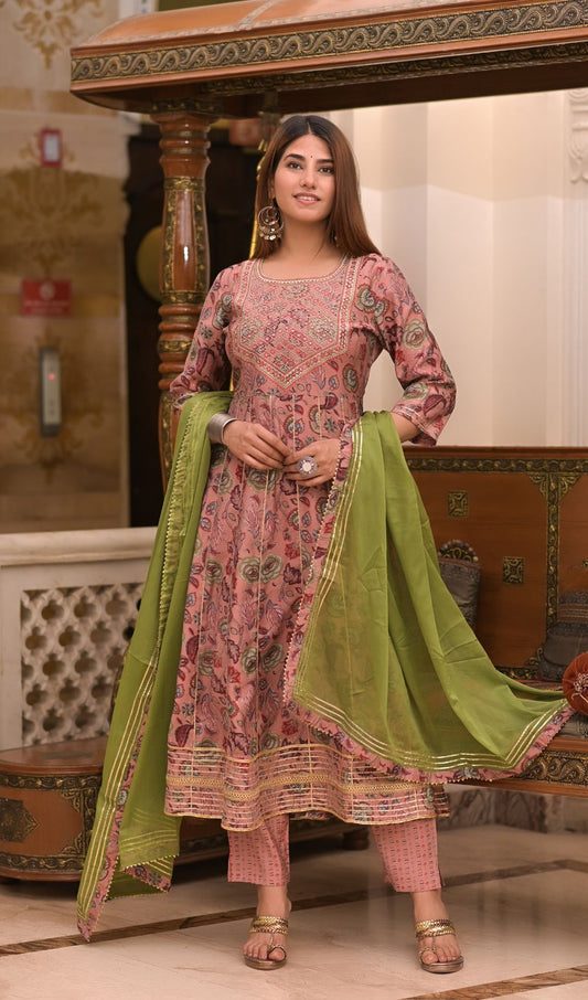Dusky Pink Printed Anarkali Suit Set