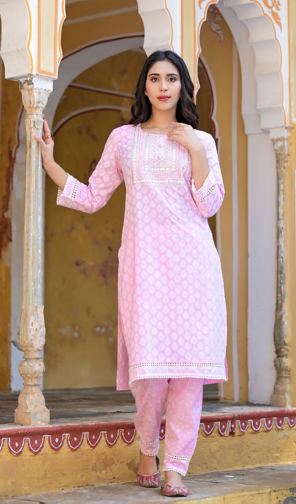 Baby Pink Printed Straight Suit Set