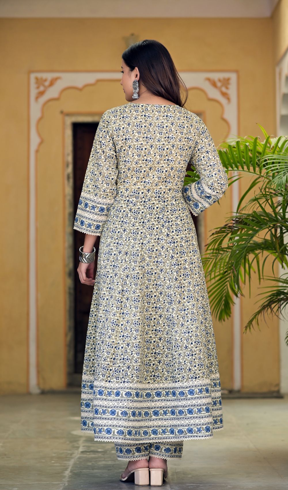 Green Cotton Printed Anarkali Suit Set
