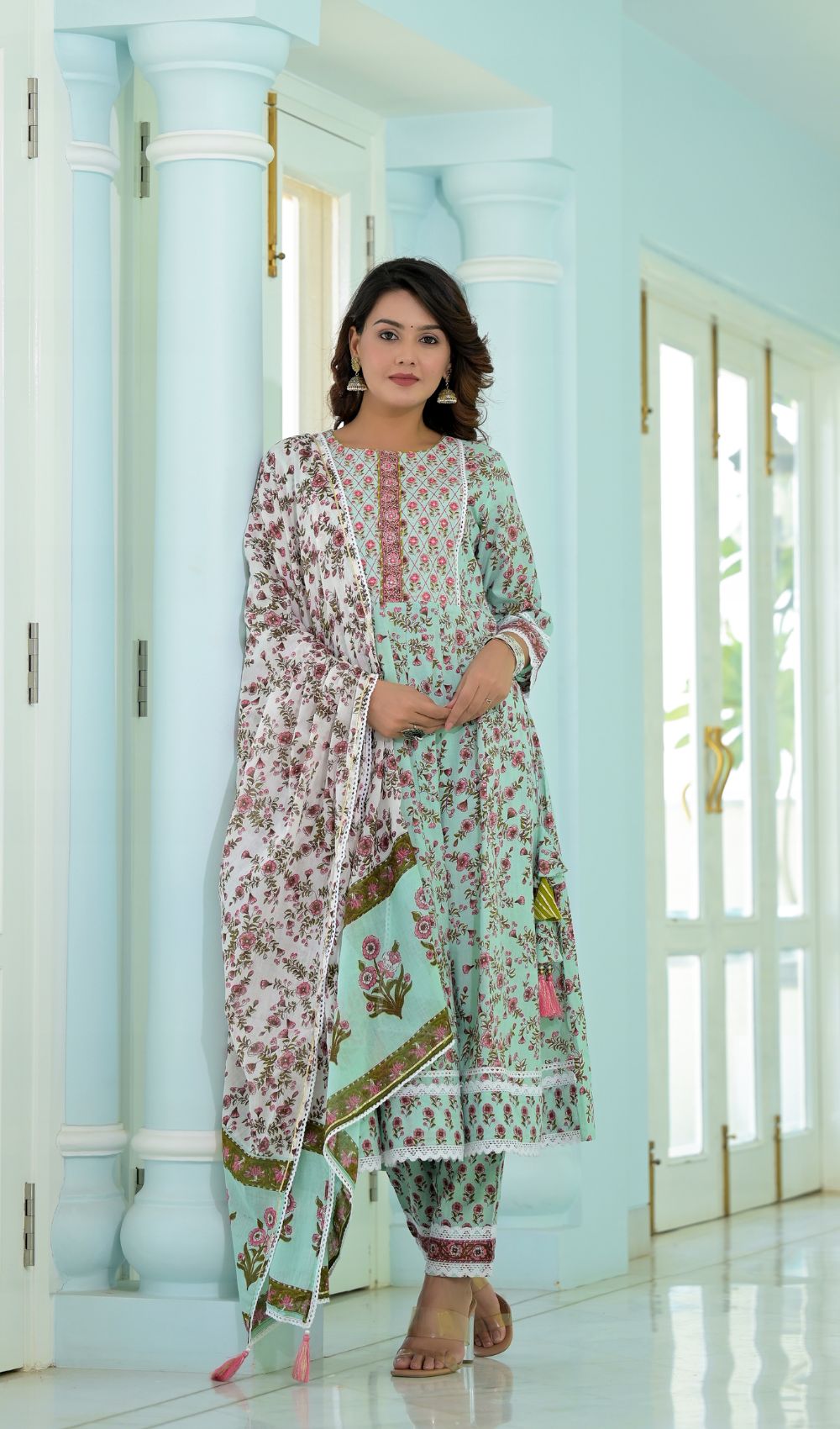 Sea Green Printed Anarkali Suit Set