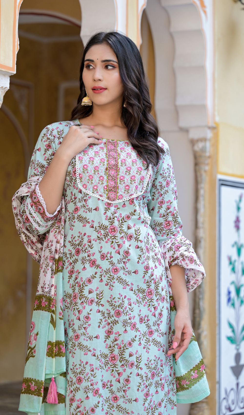 Green Printed Straight Suit Set