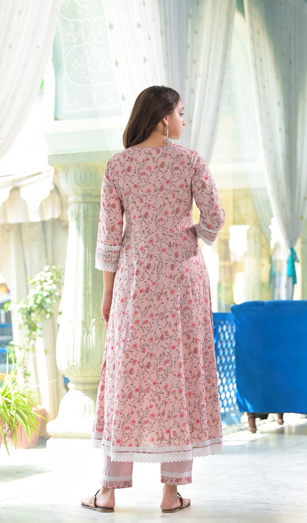 Dusky Pink Printed Anarkali Suit Set