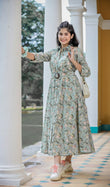 Sea Green Collar Pattern Maxi Dress