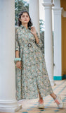 Sea Green Collar Pattern Maxi Dress