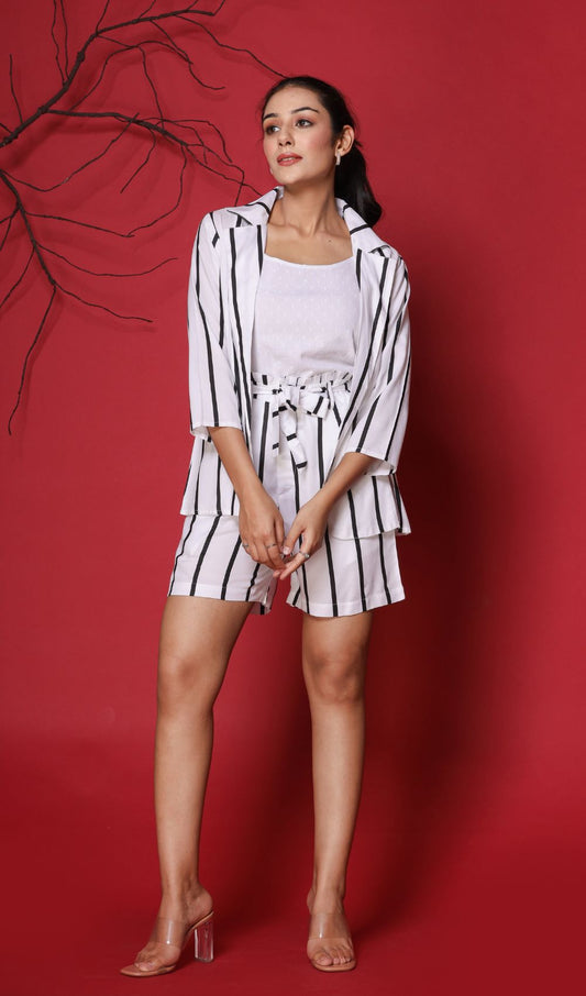 White Striped Jacket Style 3 Piece Co-ord Set With Shoes