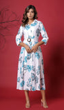 White Blue Floral Printed Collar Maxi Dress With Belt