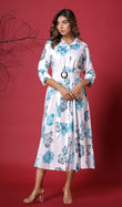 White Blue Floral Printed Collar Maxi Dress With Belt