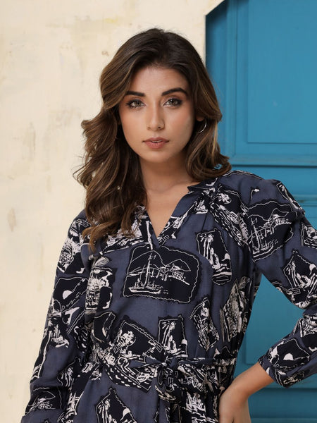 Blue Printed Cotton Dress