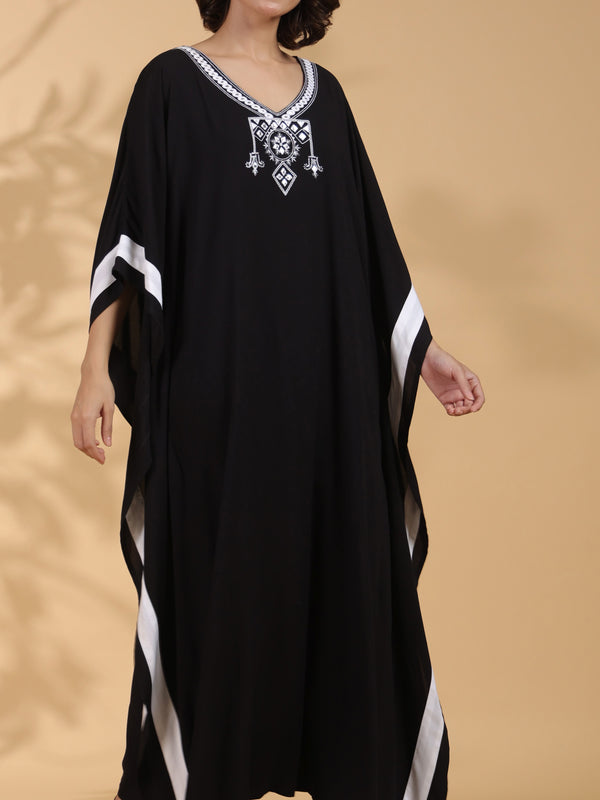 Black Embroidered Cotton Kaftan For Women