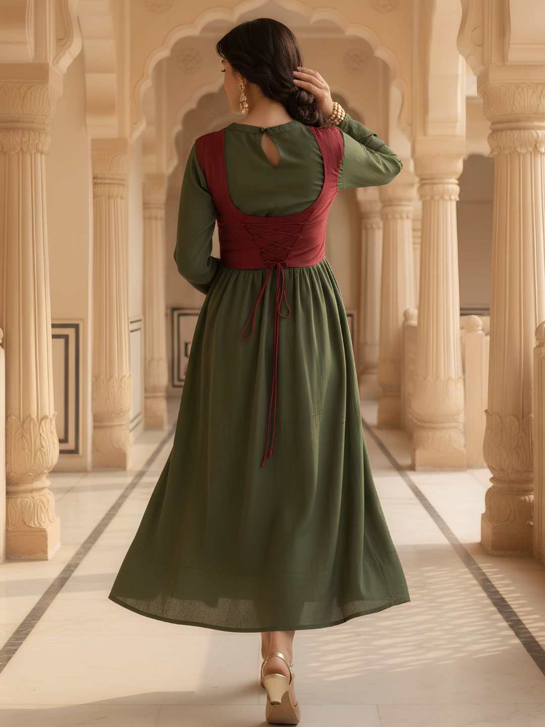Women's Olive Green Ethnic Maxi Dress with Contrast Yoke