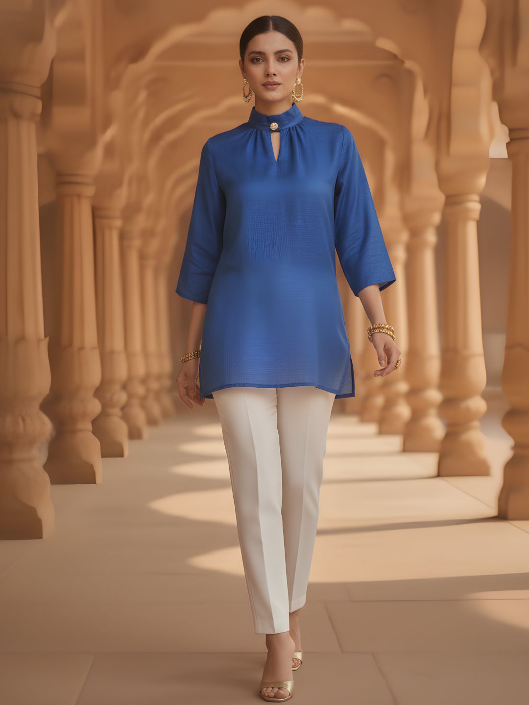 Women's Royal Blue Solid High Neck Longline Top