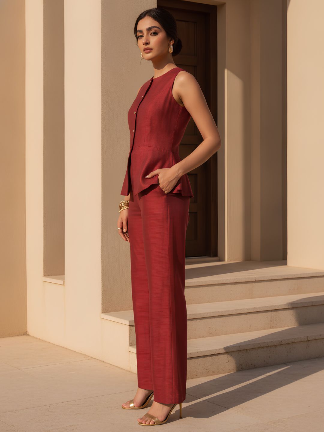 Chic Sleeveless Maroon Co-Ord for Festive Elegance