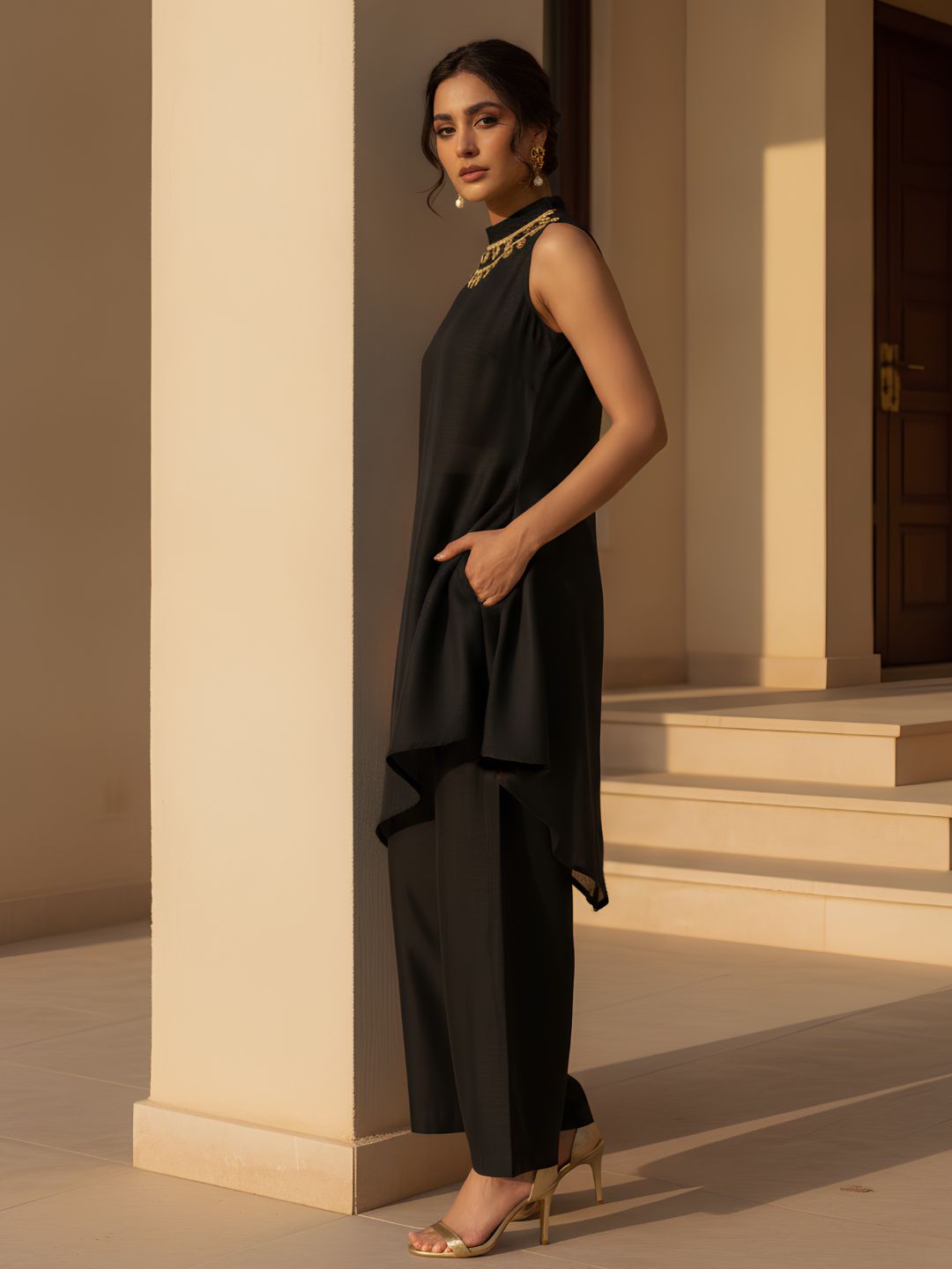 Luxury Black Asymmetric Co-Ord with Embellished Neckline