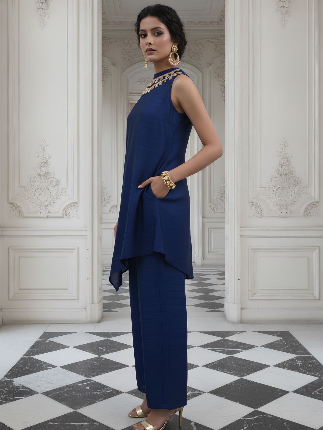 Premium Sleeveless Navy Co-Ord with Statement Neckline