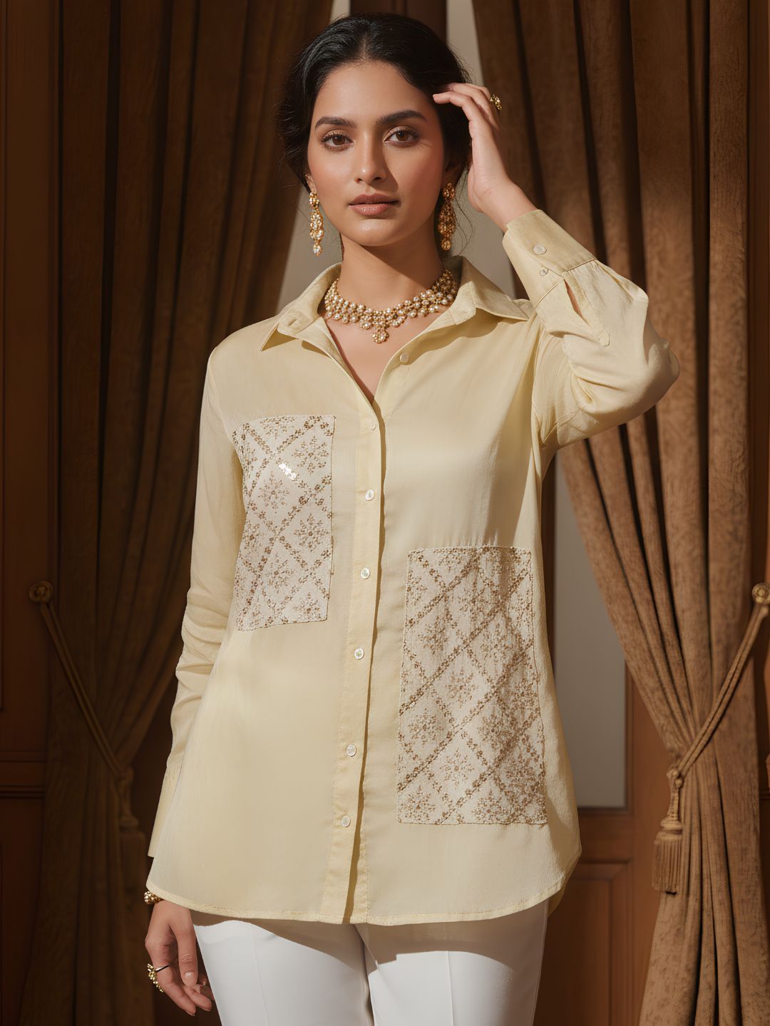 Women's Cream Solid Shirt with Sequin Patch Pockets