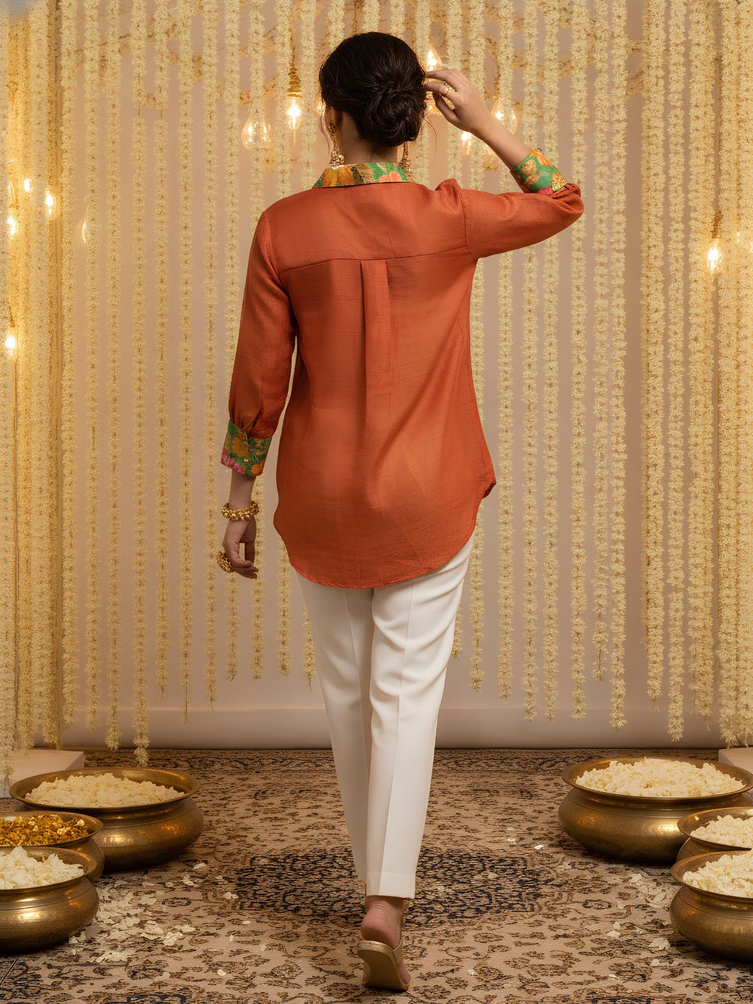 Women's Solid Rust Orange Button-Down Shirt with Printed Collar