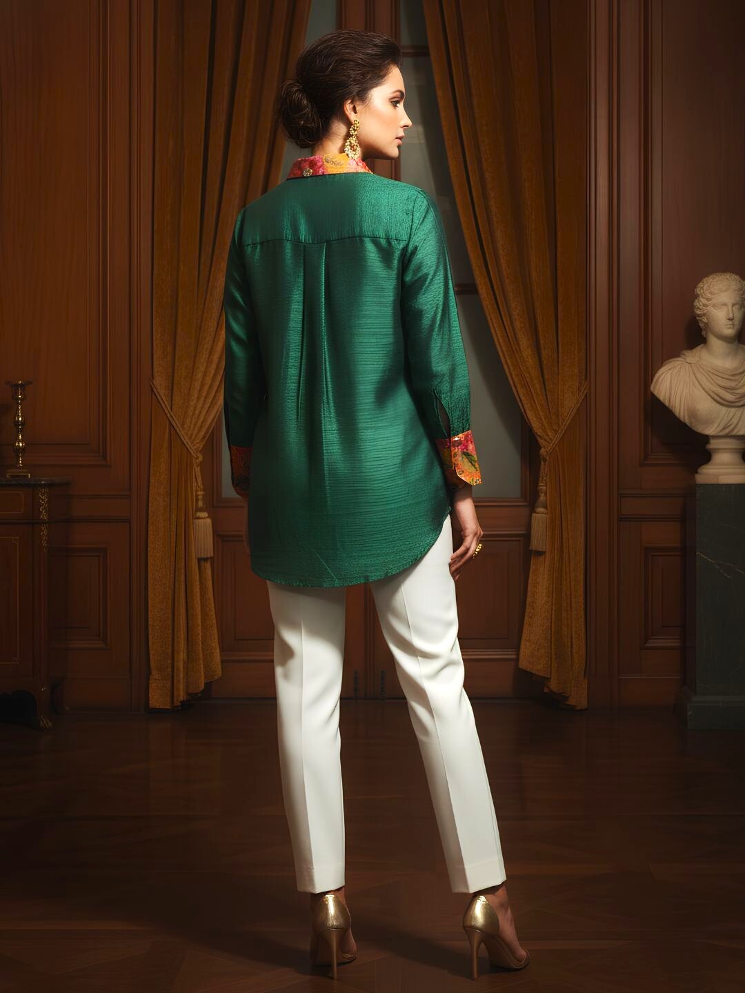 Women's Emerald Green Full Sleeve Shirt with Printed Collar