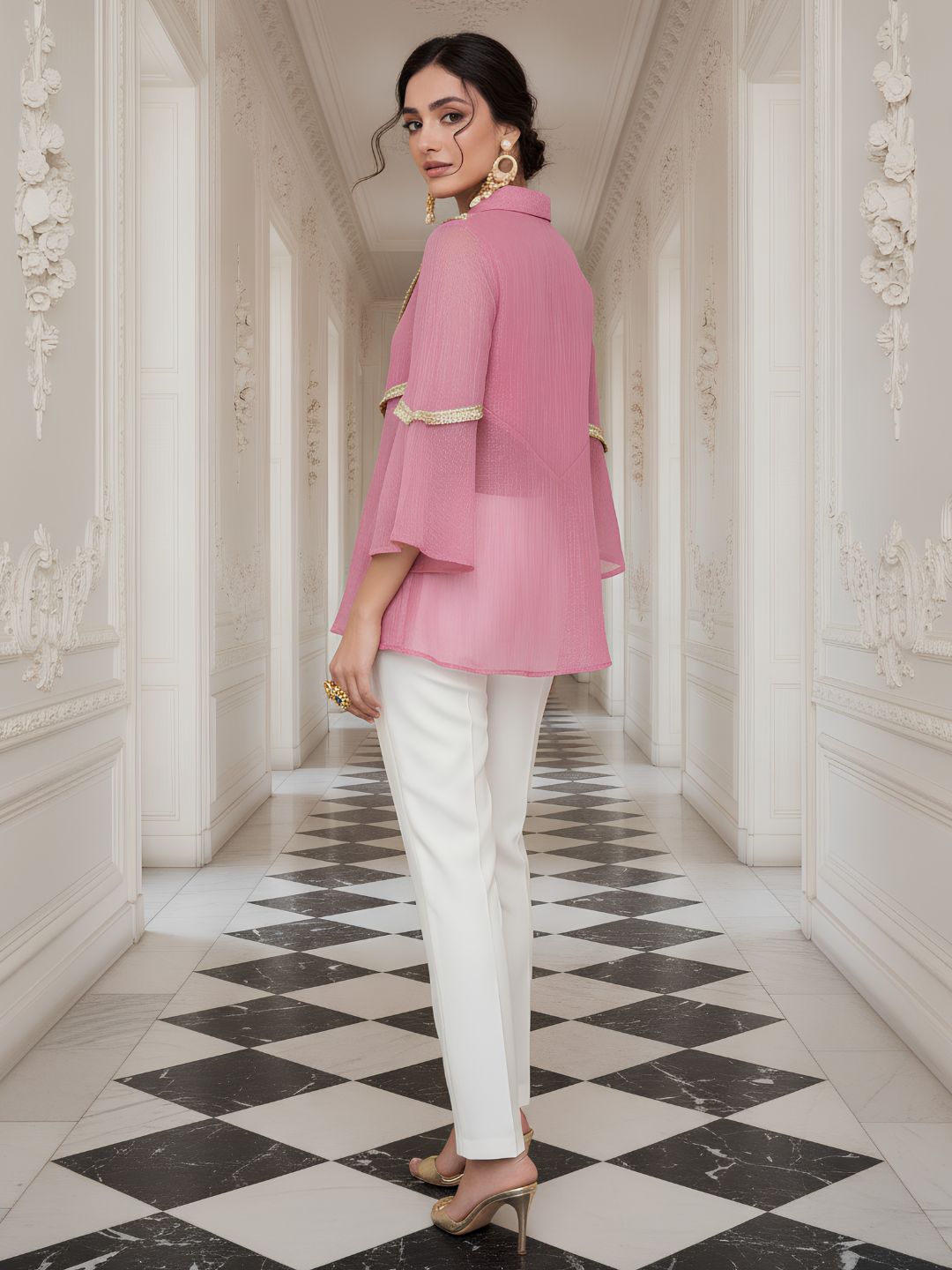 Women's Pink Embroidered Bell Sleeve Peplum Top
